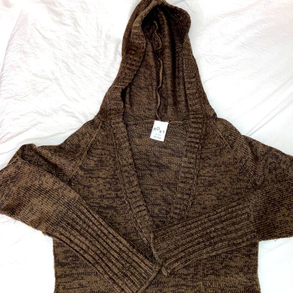 Roxy Brown Hooded V Neck Sweater Size Large - Picture 9 of 10